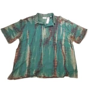 Raga Man Camp Shirt Sz XXL Preppy Hipster Button Front Green Brown Dip Dyed New